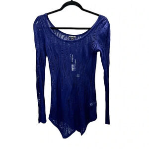 Express Women's Long Sleeve Stretchy Crochet Royal Blue Top Size XS NWT